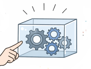 お金の仕組みが分かるイラスト（透明な箱に歯車の図）
