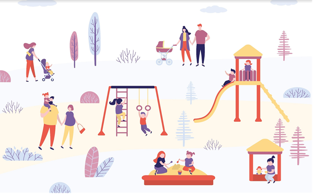 キンダーガーデン・プロジェクトをイメージした、遊び場で子どもたちが遊ぶイラスト