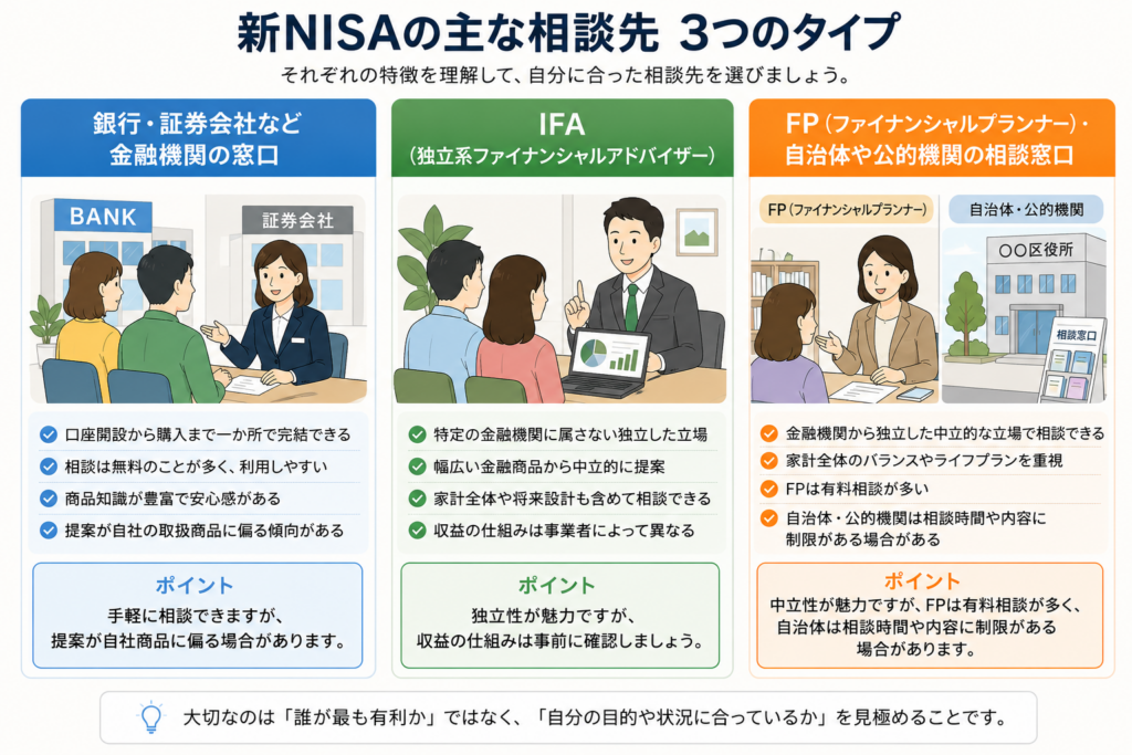 新NISAの主な相談先である「銀行・証券会社」「IFA」「FP・自治体・公的機関」の特徴や違いを比較した図。手軽さ、独立性、中立性など、それぞれの相談先を選ぶ際のポイントをまとめている。