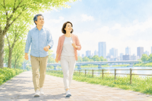 50代の夫婦が笑顔で一歩を踏み出し、これからの資産形成を前向きに考えるイメージイラスト