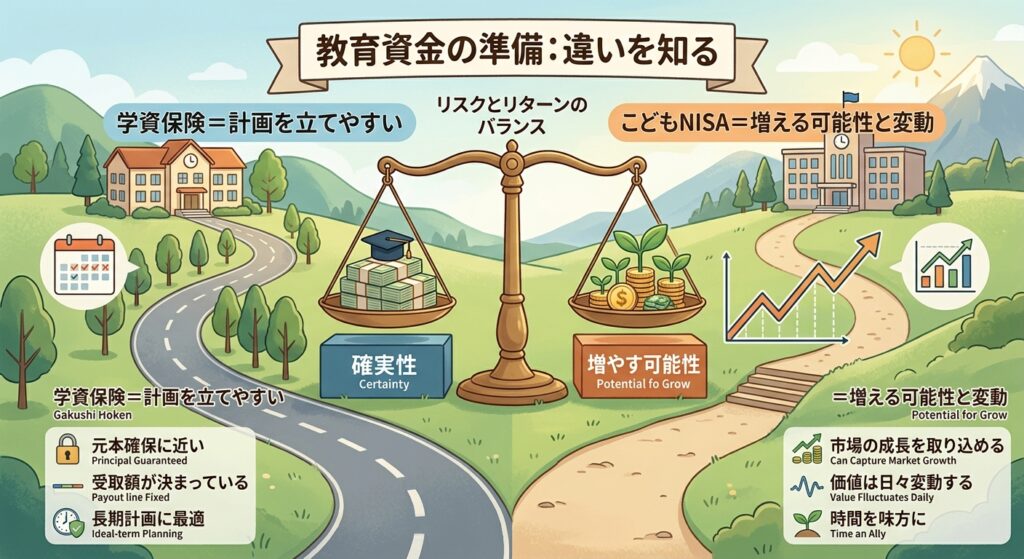 教育資金準備の選択肢として、学資保険とこどもNISAの違いを比較したインフォグラフィックイラスト。左側の平坦な道路は「確実性」のある学資保険(計画を立てやすい)、右側の起伏のある道路は「増やす可能性」のあるこどもNISA(増える可能性と変動)を表している。中央の天秤が両者の「リスクとリターンのバランス」を示し、それぞれのメリットと特徴がアイコンとテキスト(日本語および英語)で解説されている。奥には学校と山が見える。