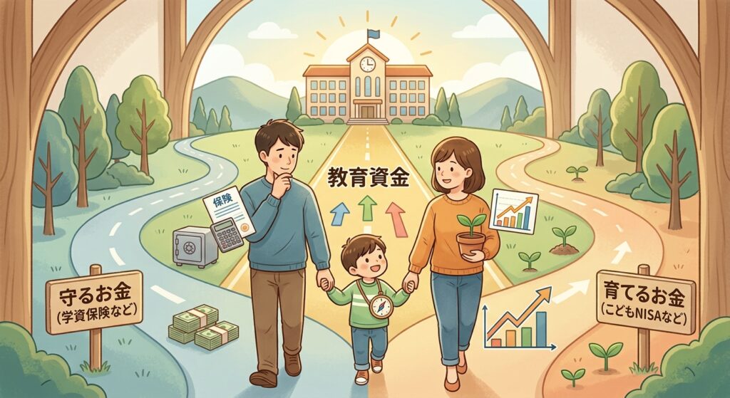 「教育資金」という目標に向かって、父親と母親が子供の手を引いて歩くイラスト。左側の「守るお金(学資保険など)」の道と右側の「育てるお金(こどもNISAなど)」の道が一本に合流し、奥にある学校の建物へと続いている。