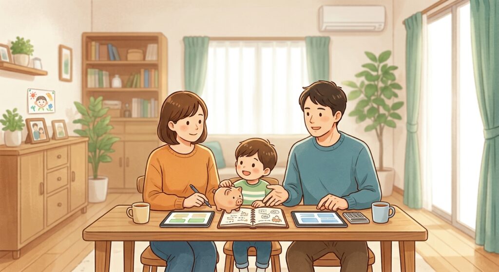 リビングのテーブルで、ノートや貯金箱を前に教育資金や将来の計画について穏やかに話し合う両親と小さな子どものイラスト