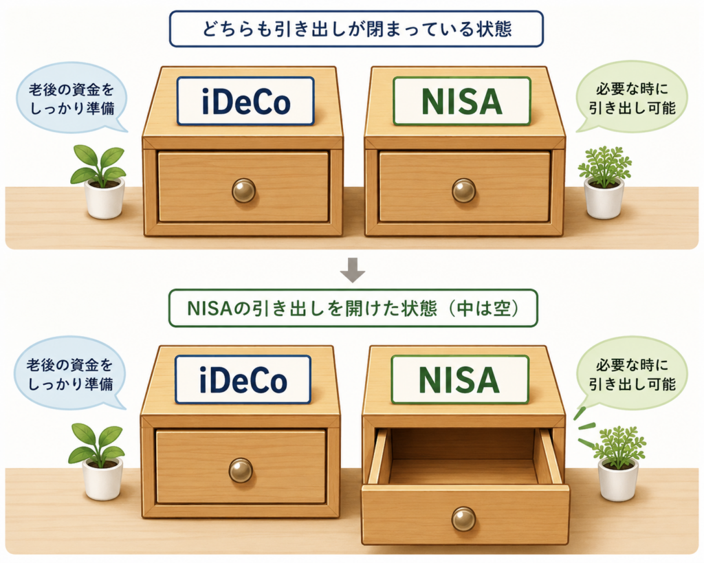 iDeCoとNISAの引き出しを比較し、NISAは必要な時に引き出せることを表したイラスト