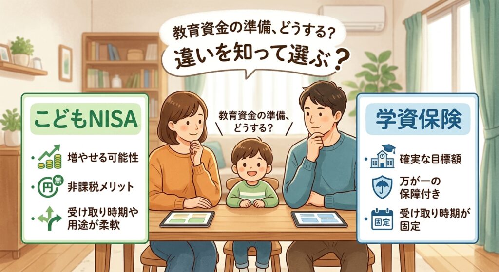 こどもNISAと学資保険を比較して教育資金の準備を考える親子