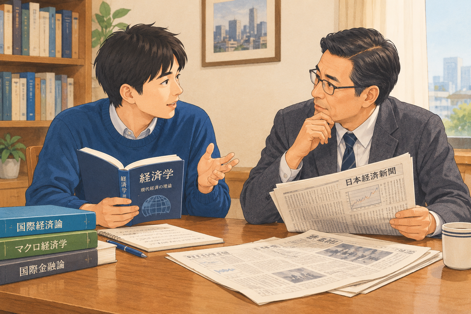 経済について語り合う父と大学生の息子