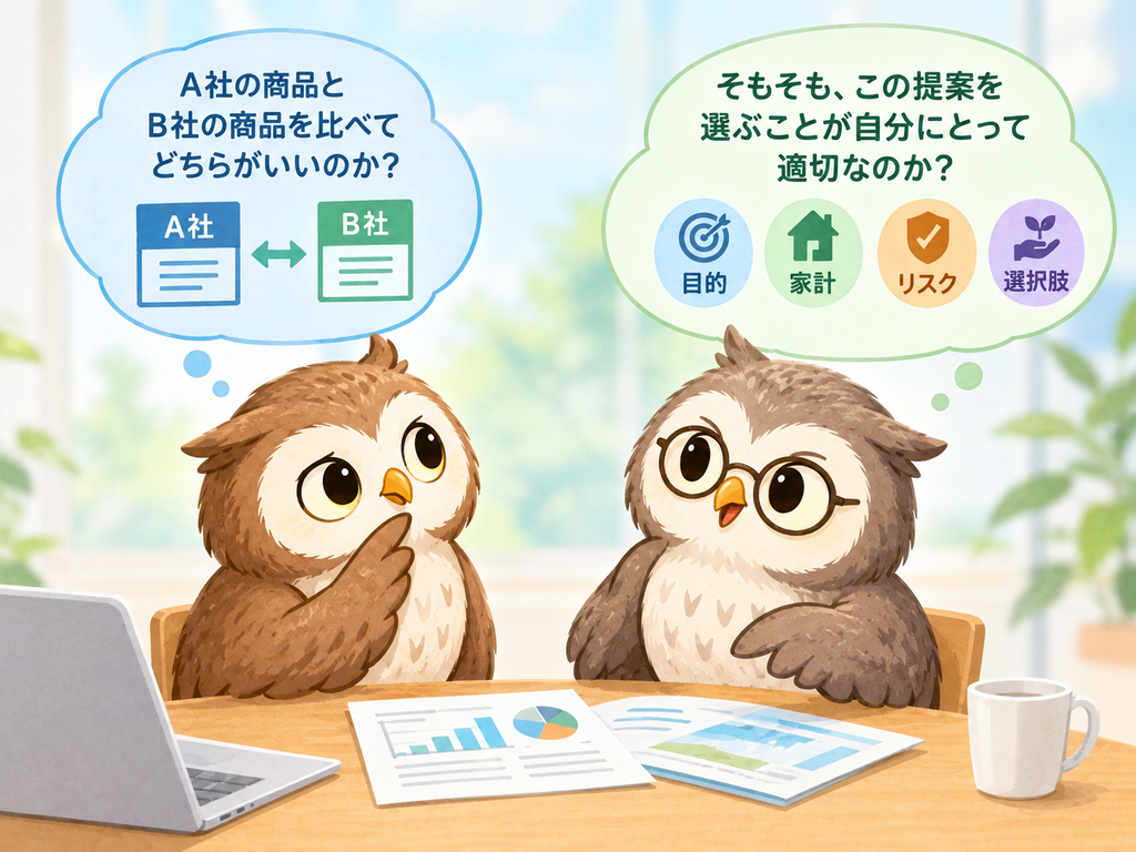 商品比較とセカンドオピニオンの違いを、２羽のフクロウにたとえた図。