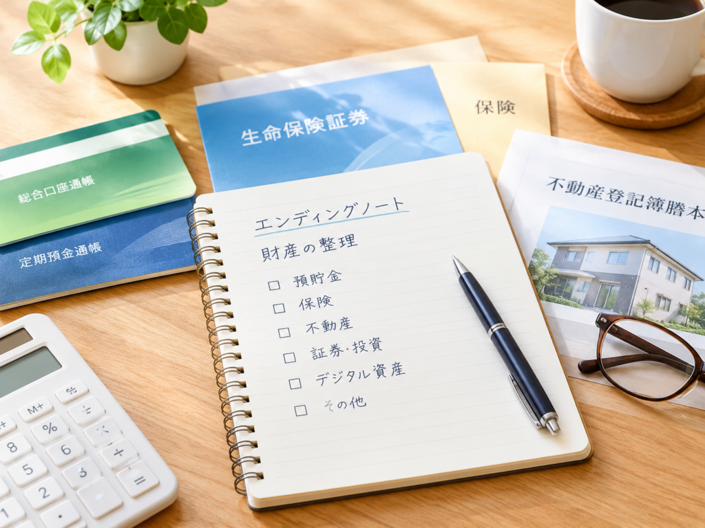エンディングノートに預貯金・保険・不動産などの財産情報を整理して書き出す様子