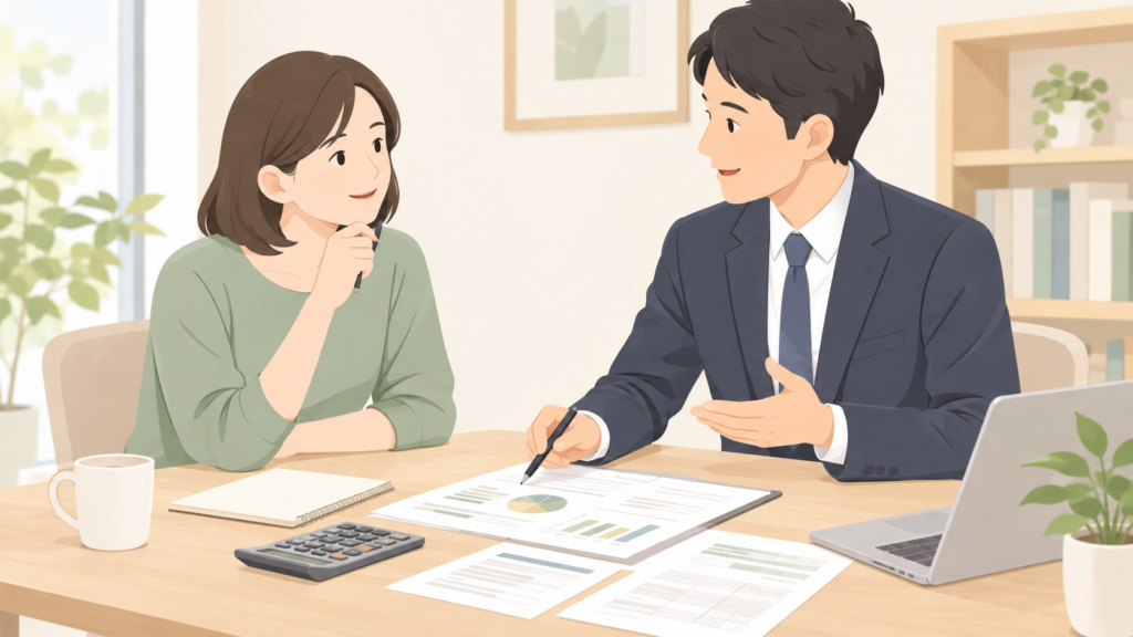 相談者と専門家が家計表を見ながら話している場面。