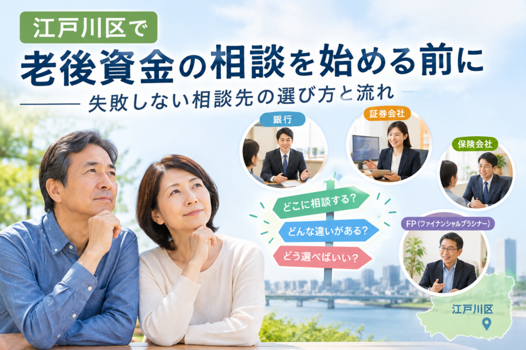 「江戸川区で老後資金の相談先を選ぶ中高年の夫婦と、銀行・証券会社・保険会社・FPの相談先を示すイメージ」